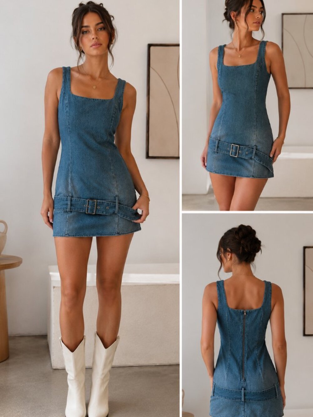Le Lis Y2K Denim Mini Dress Low Slung Belt Buckle Square Neck Size Medium